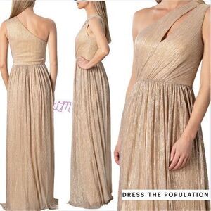 Dress The Population Kienna Metallic Pale Gold Lame One Shoulder‎ Gown Small